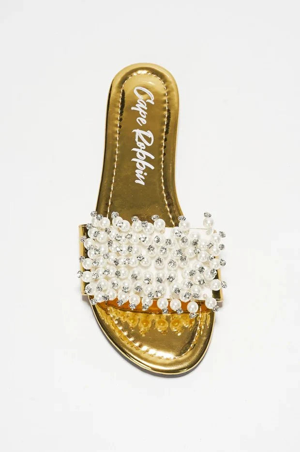 Fara Glamorous Pearl Embellished Round Toe Slip On Sandals - Gold