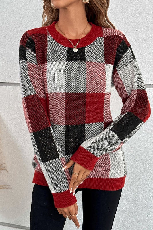 Plaid Print Round Neck Knit Loose Fit Sweater