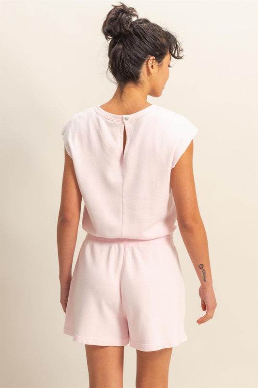 HYFVE Round Neck Cap Sleeve Drawstring Waist Romper