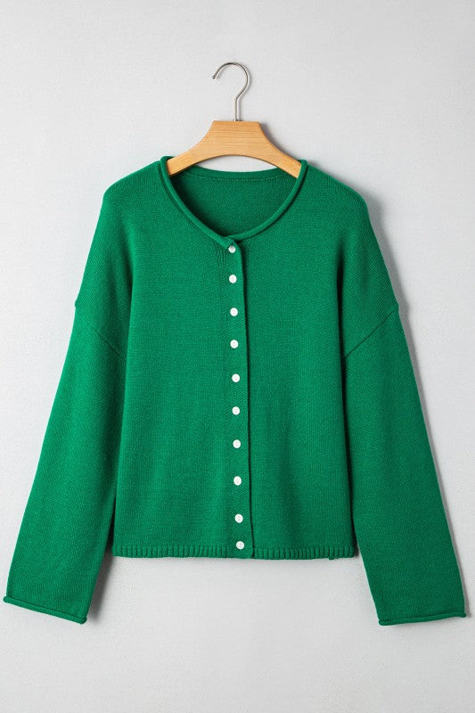 Solid Knit Button-Up Drop Shoulder Sweater Cardiga