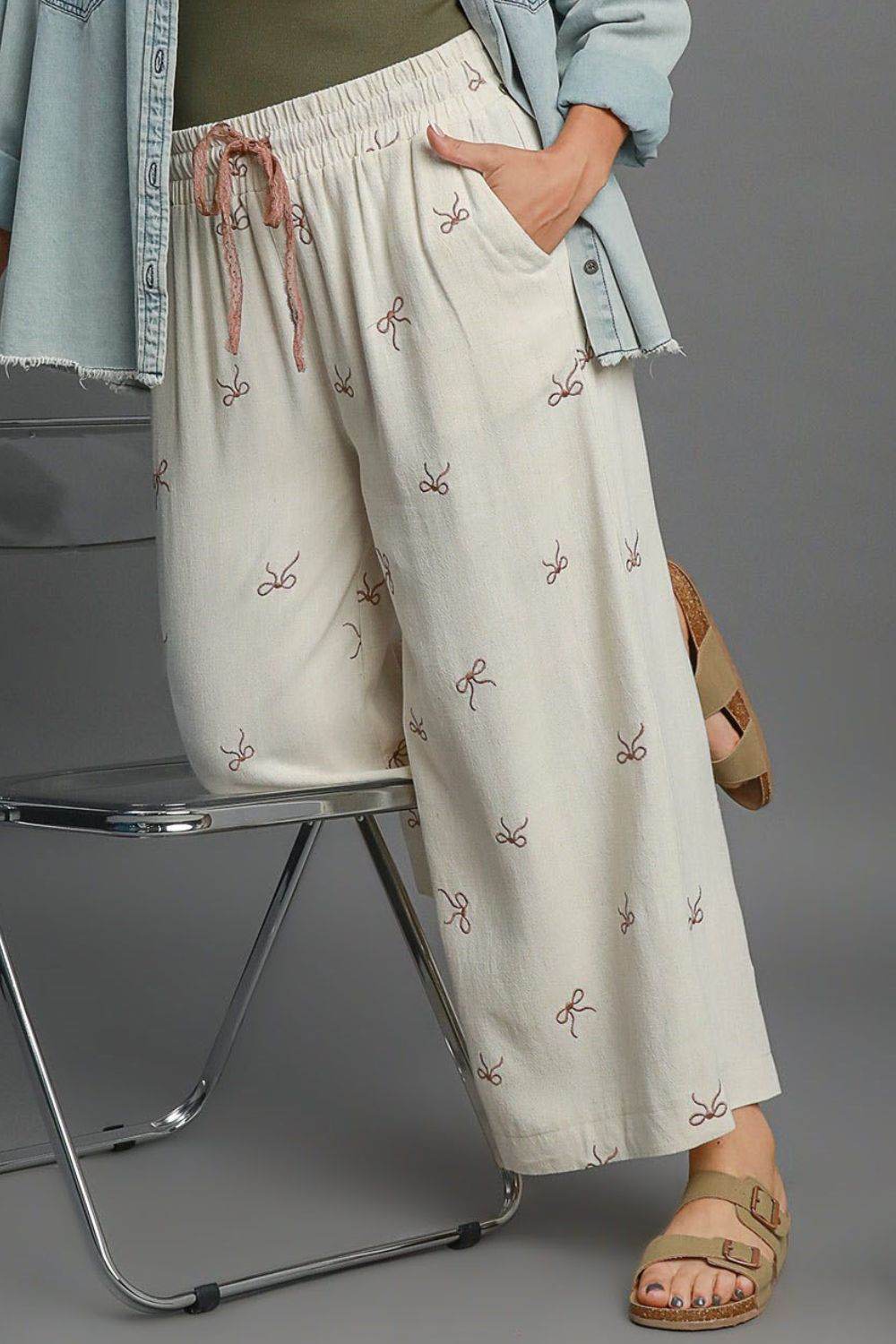 Umgee Full Size Lace Drawstring Embroidered Bow Wide Leg Pants Plus Size