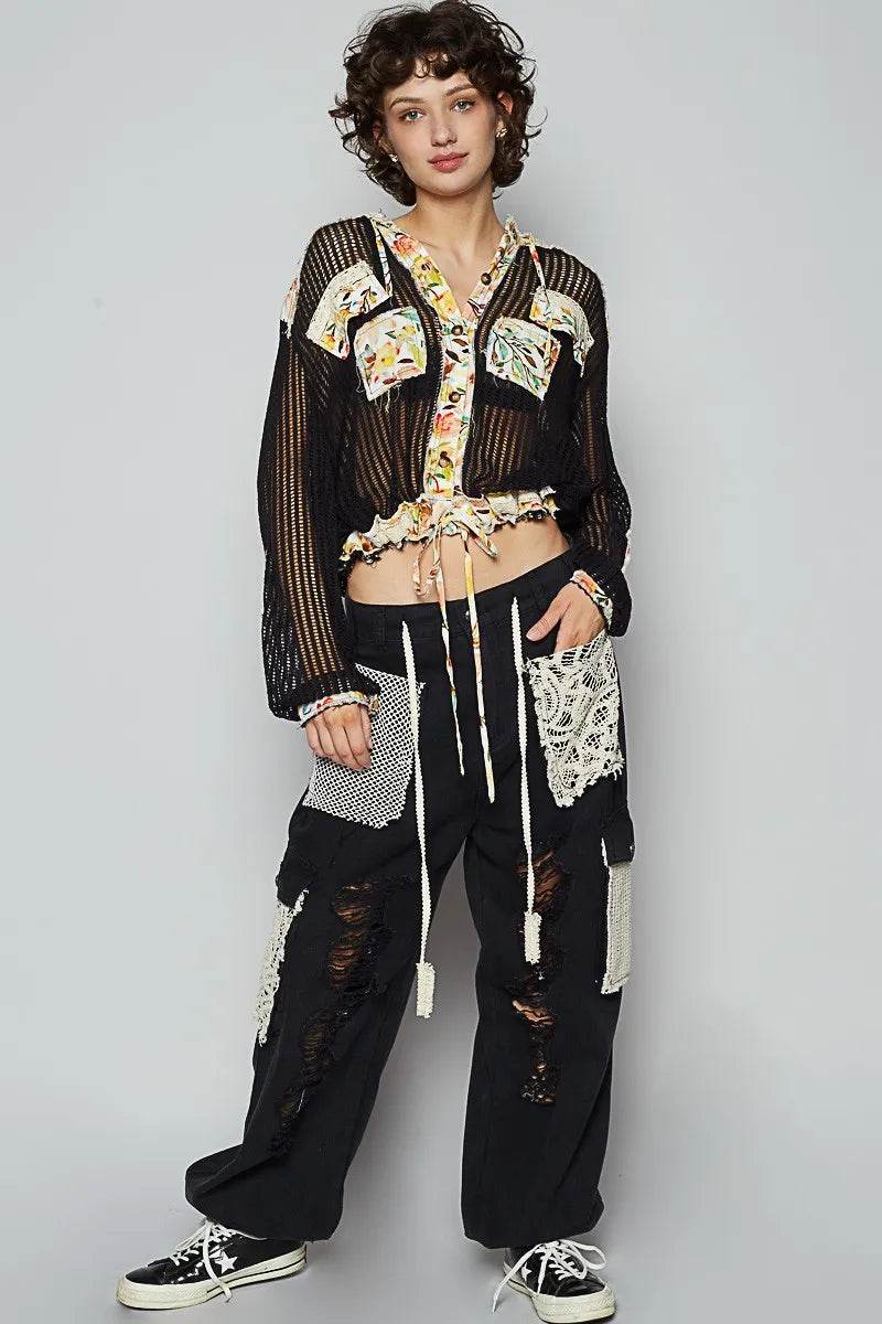 POL Vintage Washed Crochet Hoodie Jacket With Patchwork