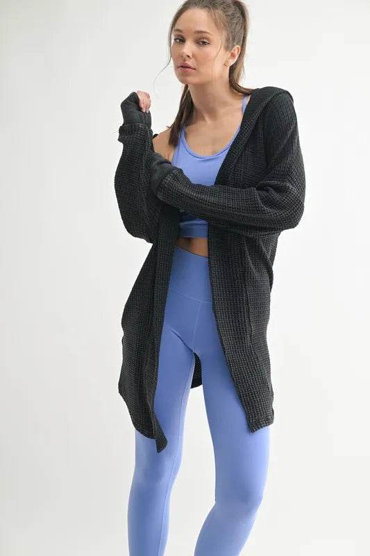 MONO B Chunky Waffle Mineral Wash Hooded Open Cardigan