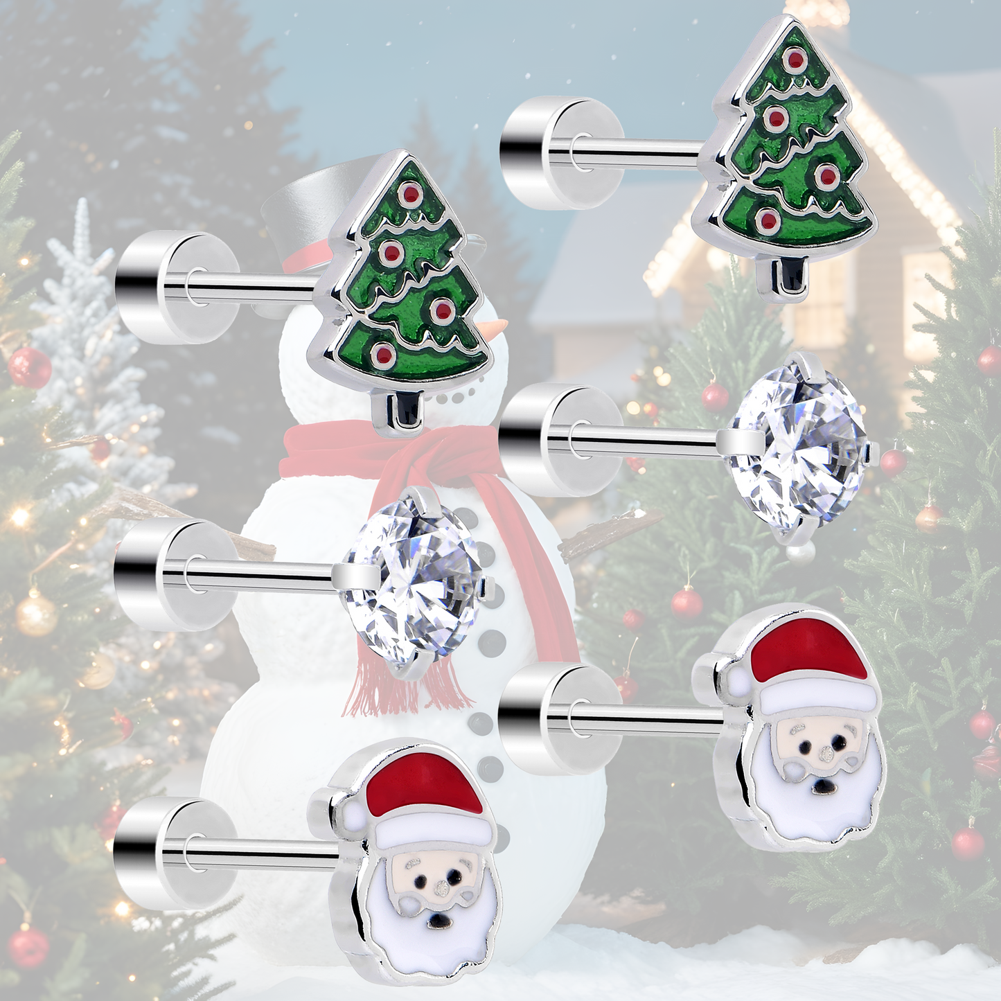 Christmas Flat Back Earrings - 3 Pairs Holiday Tree Santa CZ