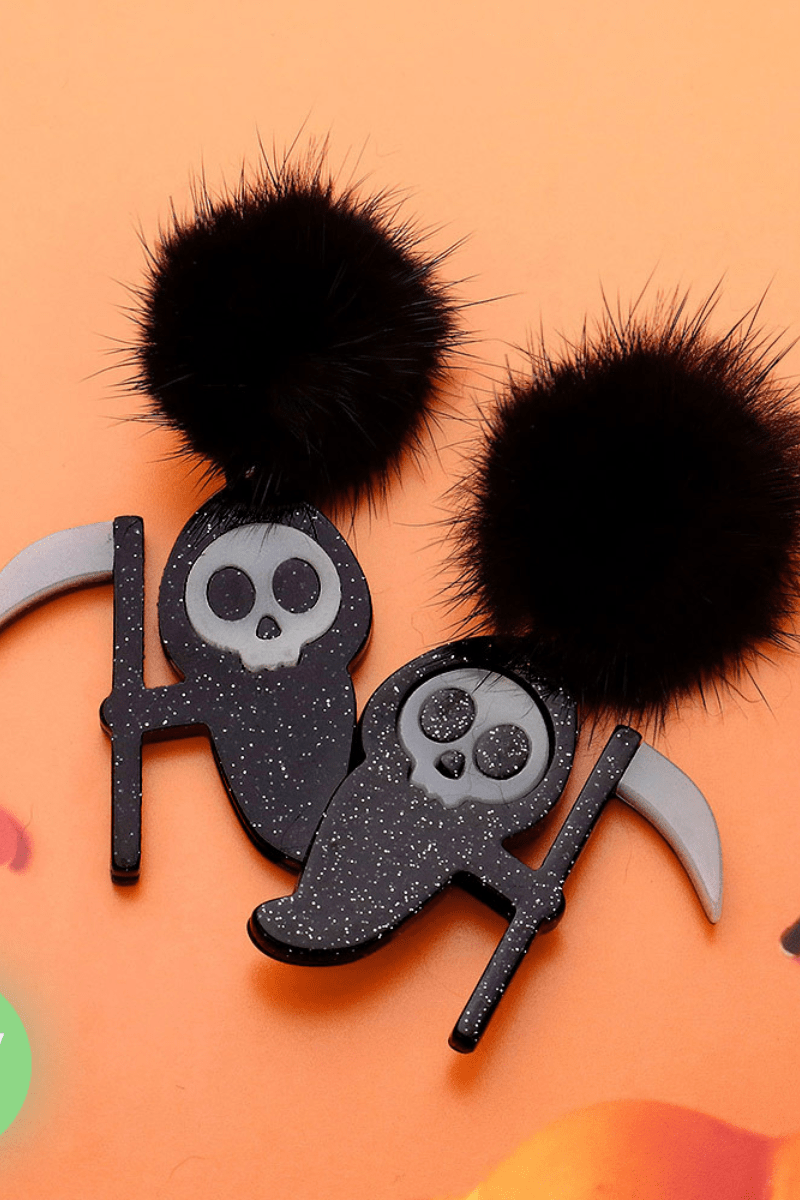 Glow-in-the-Dark Grim Reaper Pom Pom Dangle Earrings