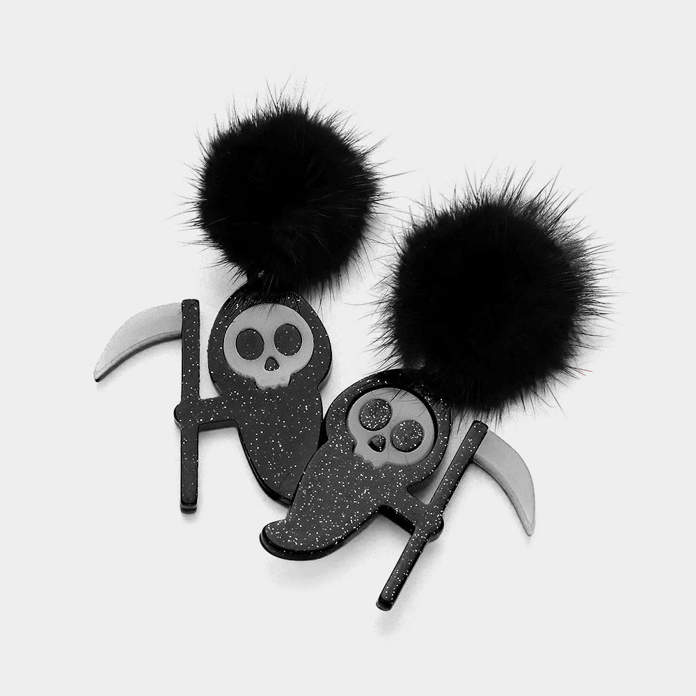 Glow-in-the-Dark Grim Reaper Pom Pom Dangle Earrings