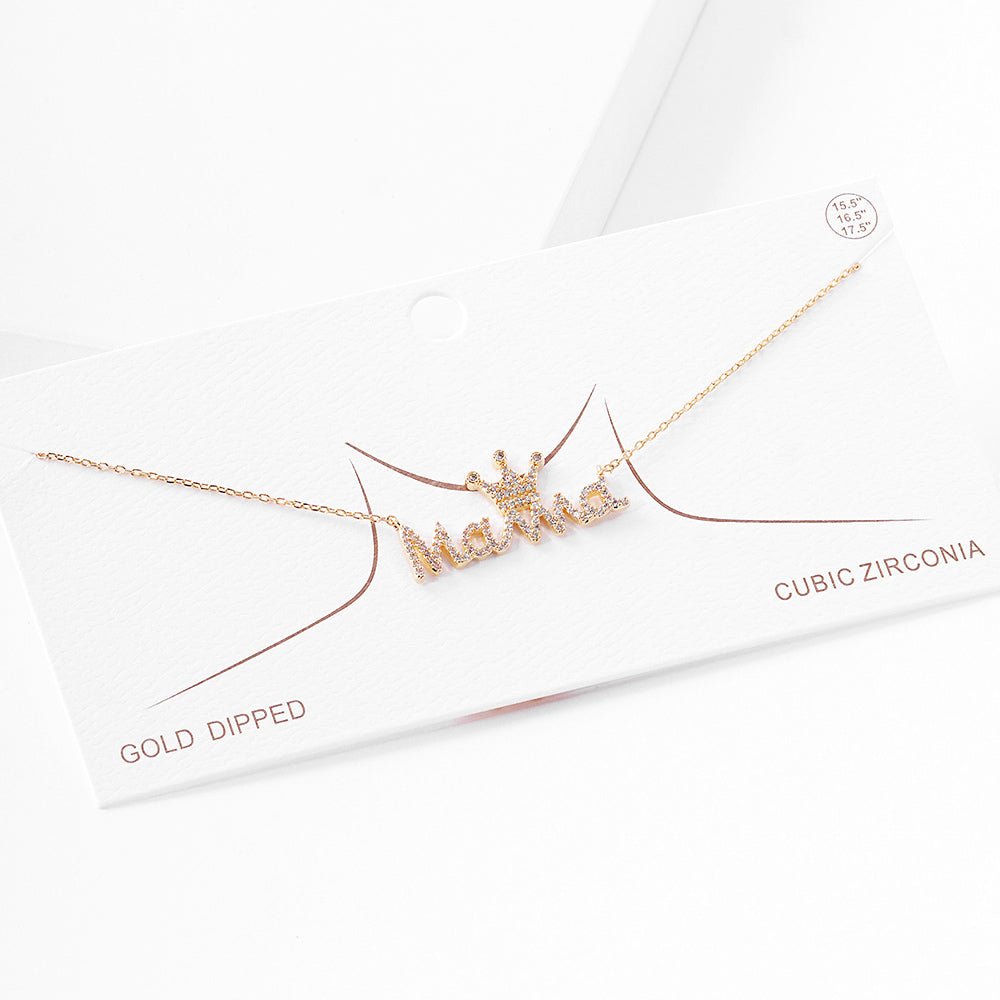 Gold Dipped CZ Crown MAMA Necklace – Sparkling Cubic Zirconia Pendant | Lead & Nickel Safe Jewelry