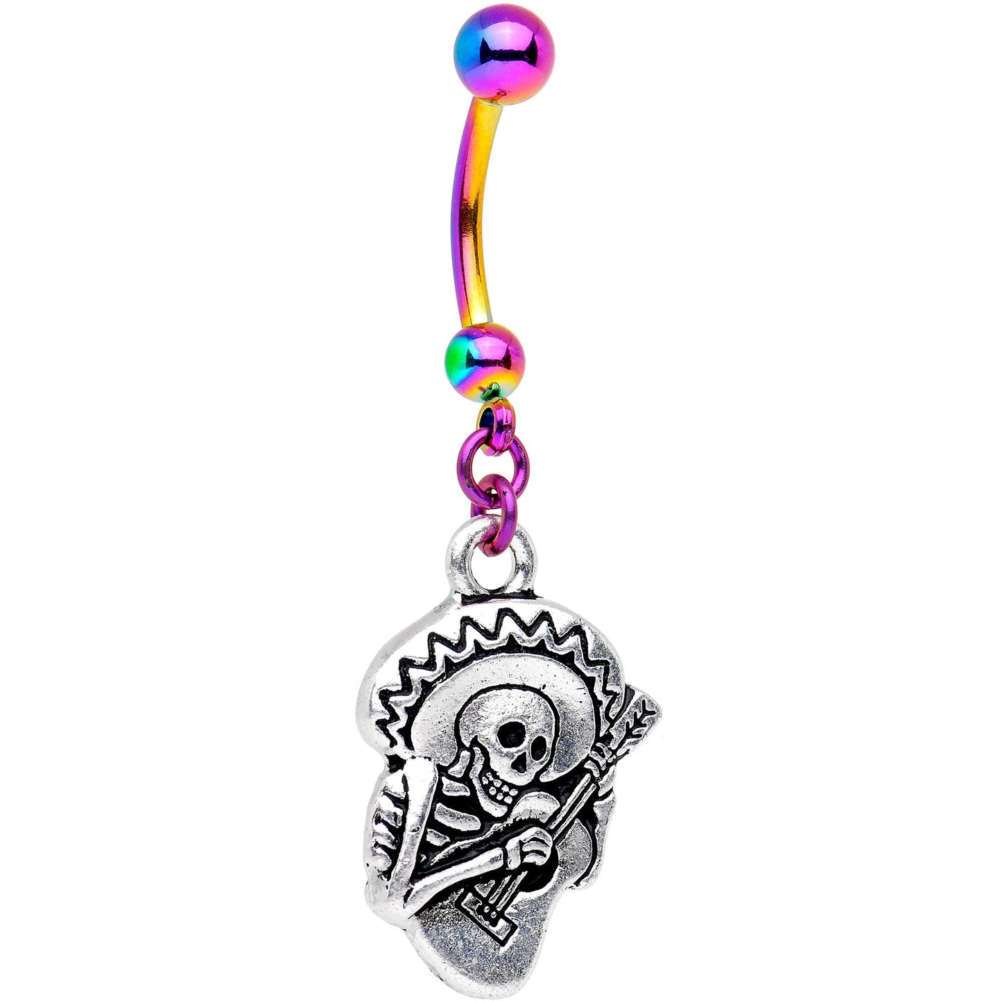 Handcrafted Dia de los Muertos Halloween Rainbow Dangle Belly Ring