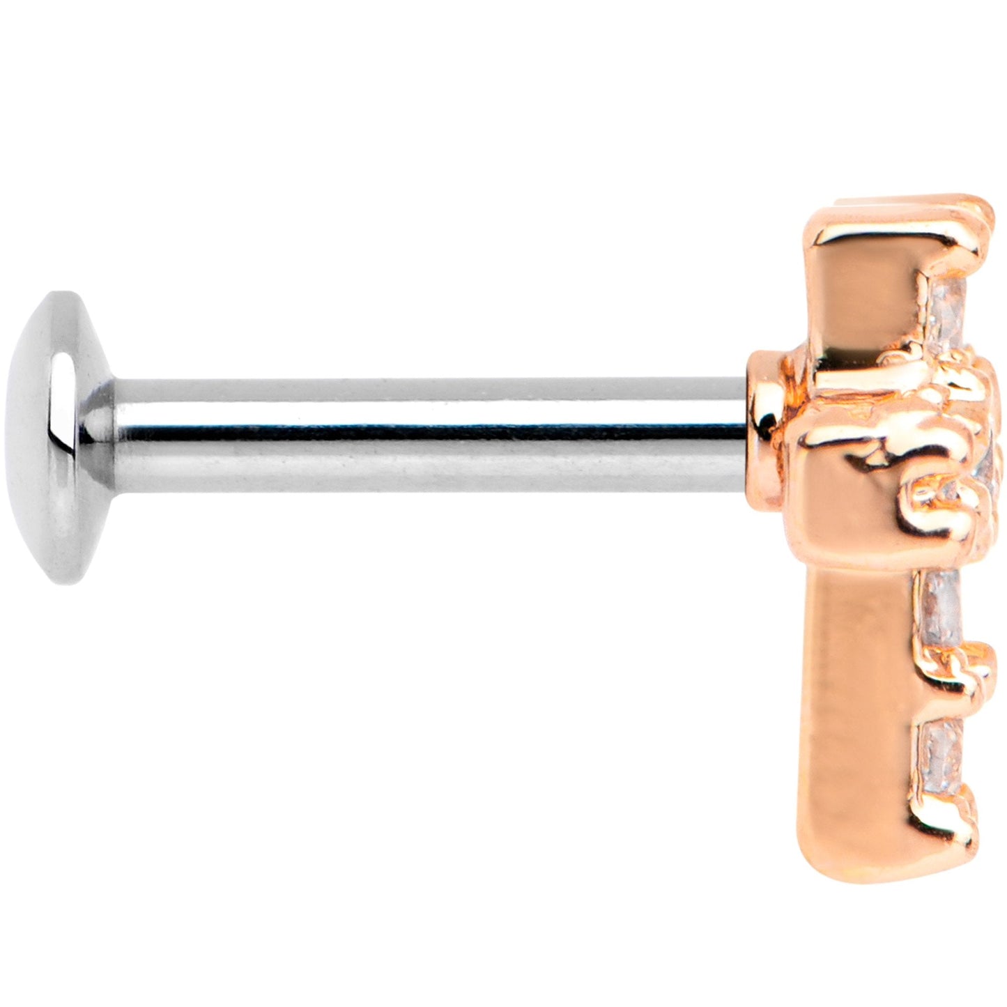 1/4 Clear CZ Internally Threaded Rose Gold Tone Cross Labret Monroe