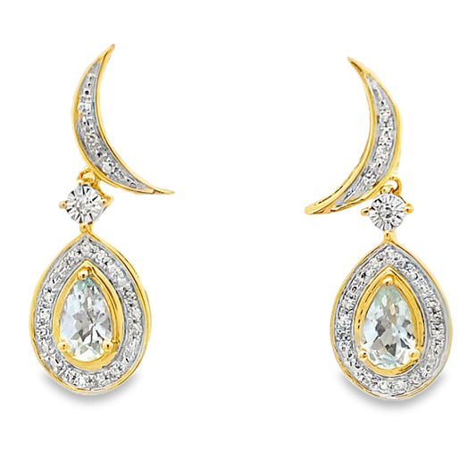 Aquamarine Diamond Dangle Earrings 10KT Yellow Gold