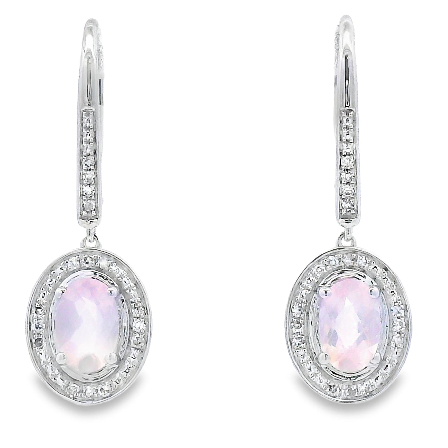 Rose Quartz Diamond Dangle Earrings 10KT White Gold