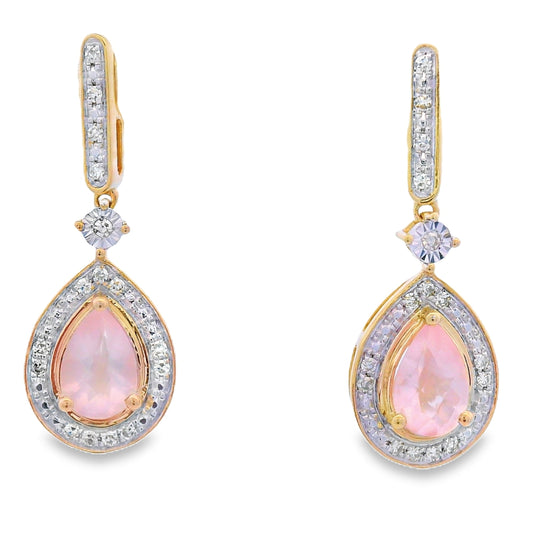Rose Quartz Diamond Dangle Earrings 10KT Yellow Gold