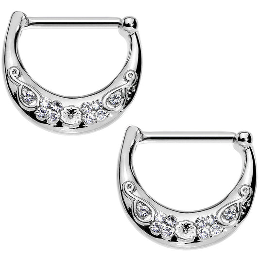 14G 1/2 Clear Gem Steel Floral Flourish Nipple Clicker Set