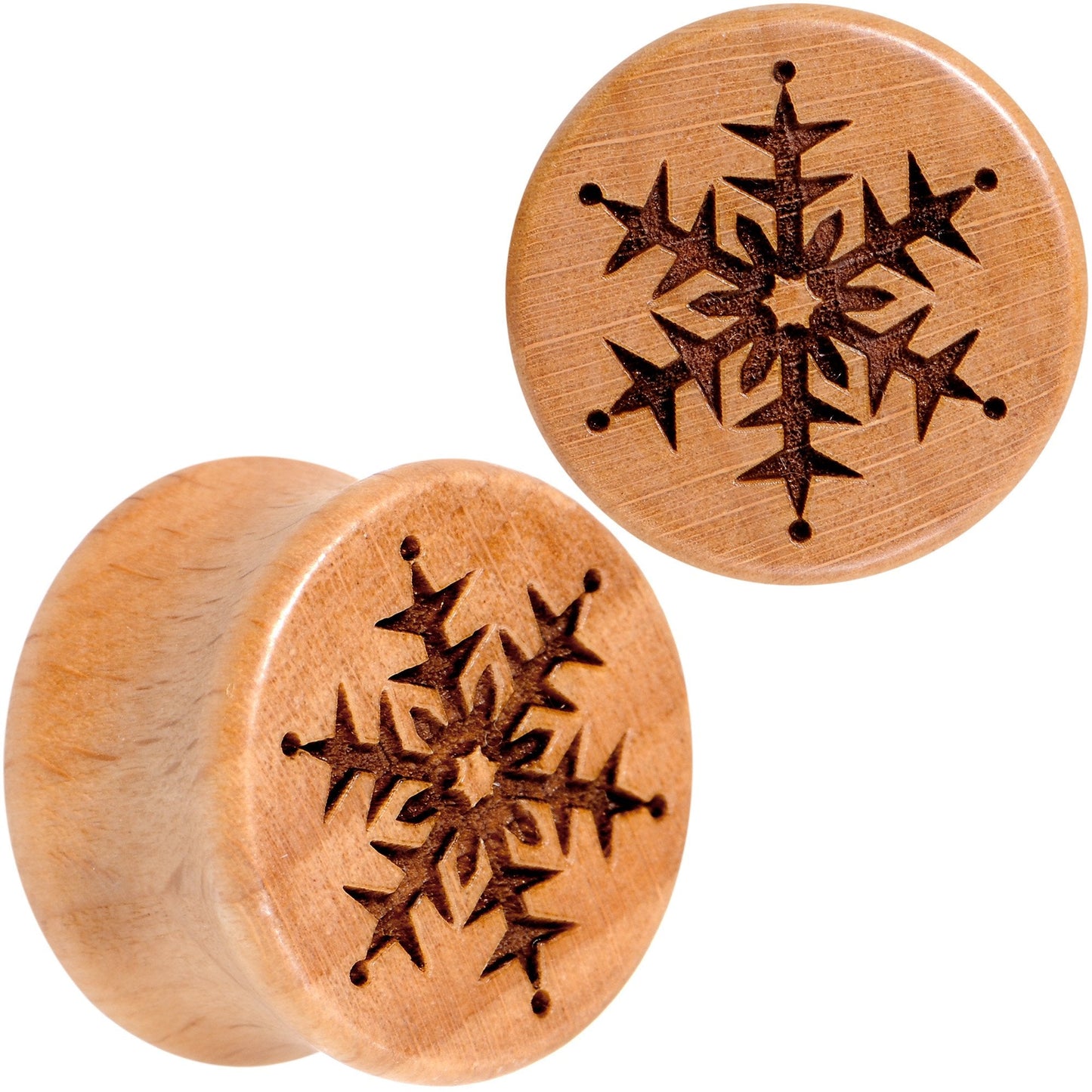 Organic Beechwood Holiday Winter Snowflake Saddle Plug Set Sizes 8mm to 25mm