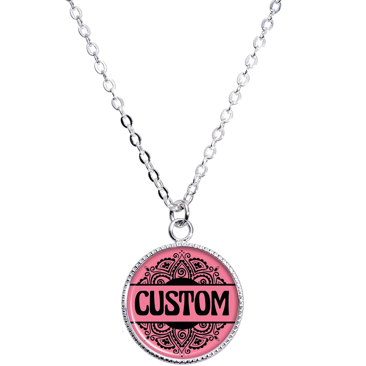 Custom Pink Mandala Personalized Name Silver Plated Chain Necklace