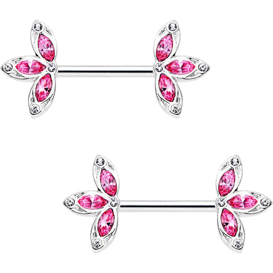 14G 1/2 Pink Gem Fleur de Seins Barbell Nipple Ring Set