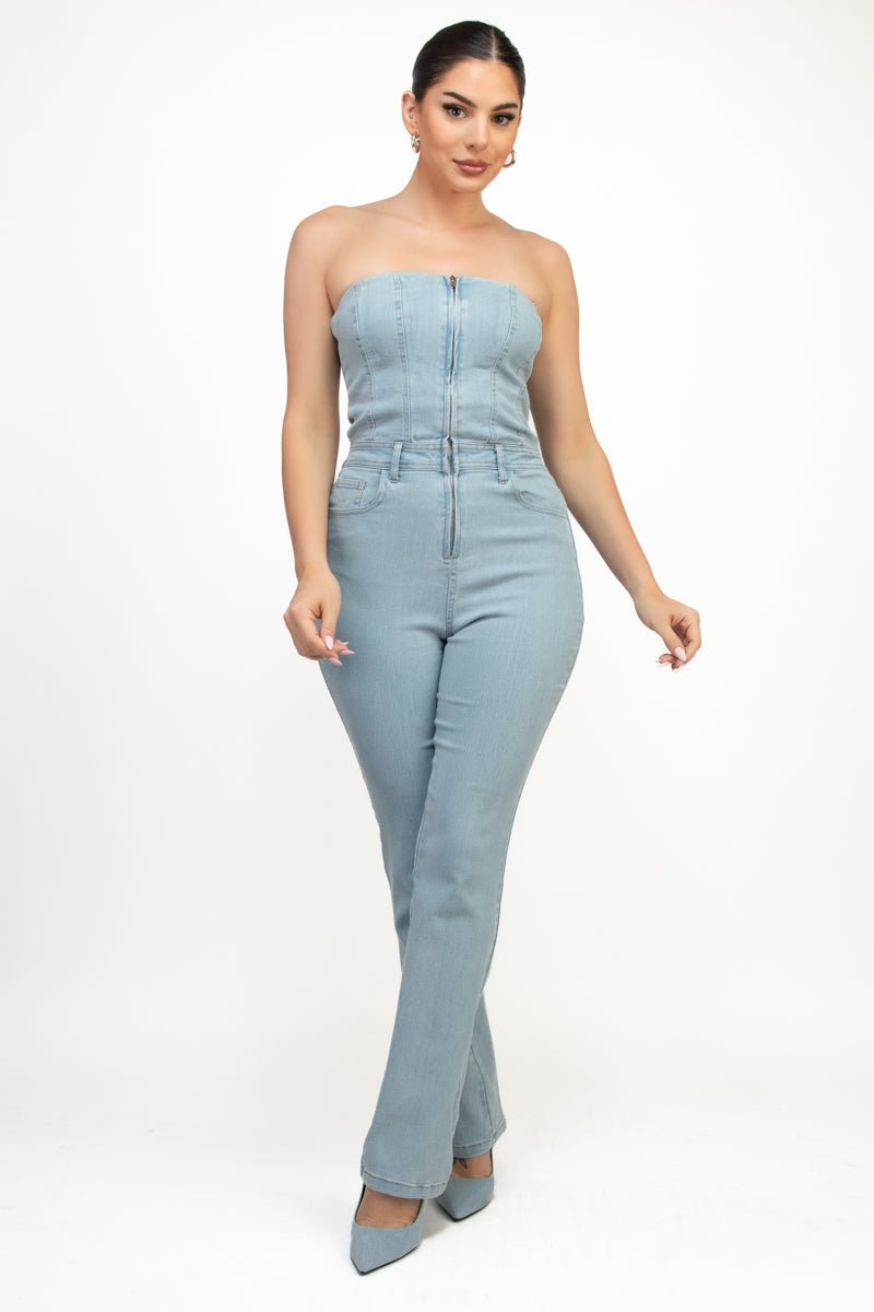 Lena Lightwash Denim Tube Strapless Stretch Zip-Up Pocketed Jumpsuit