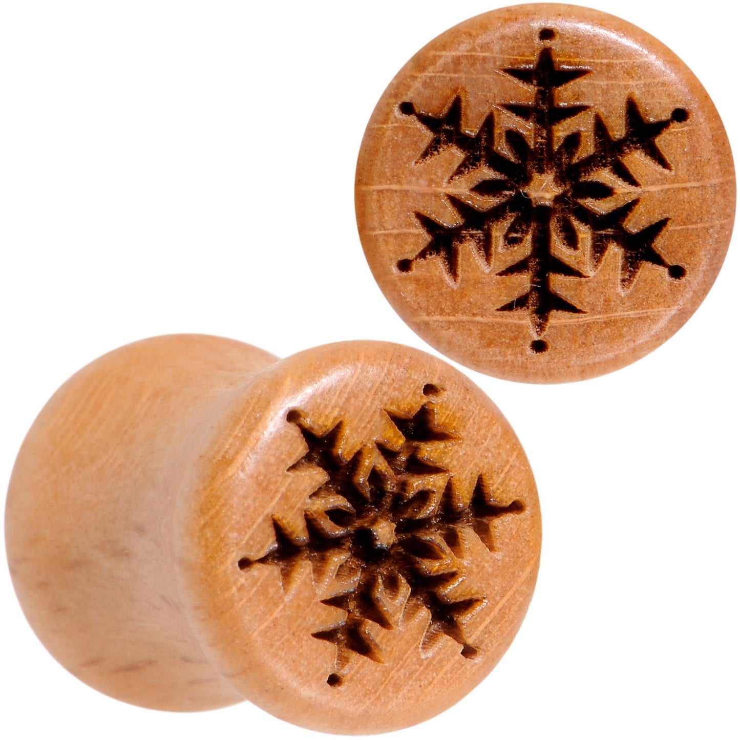 Organic Beechwood Holiday Winter Snowflake Saddle Plug Set Sizes 8mm to 25mm