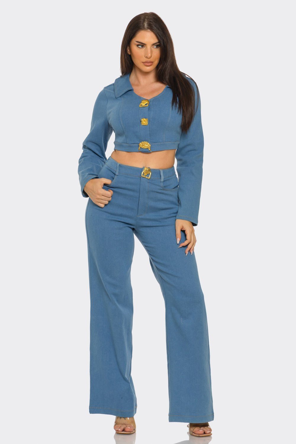 Luciana Gold Jewel-Clasp Cropped Denim Jacket & Pant Set