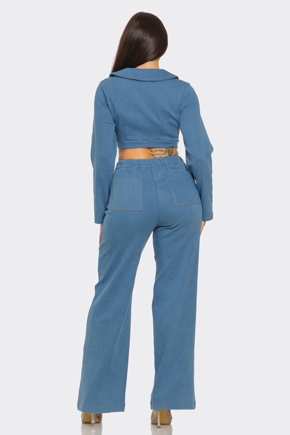 Luciana Gold Jewel-Clasp Cropped Denim Jacket & Pant Set