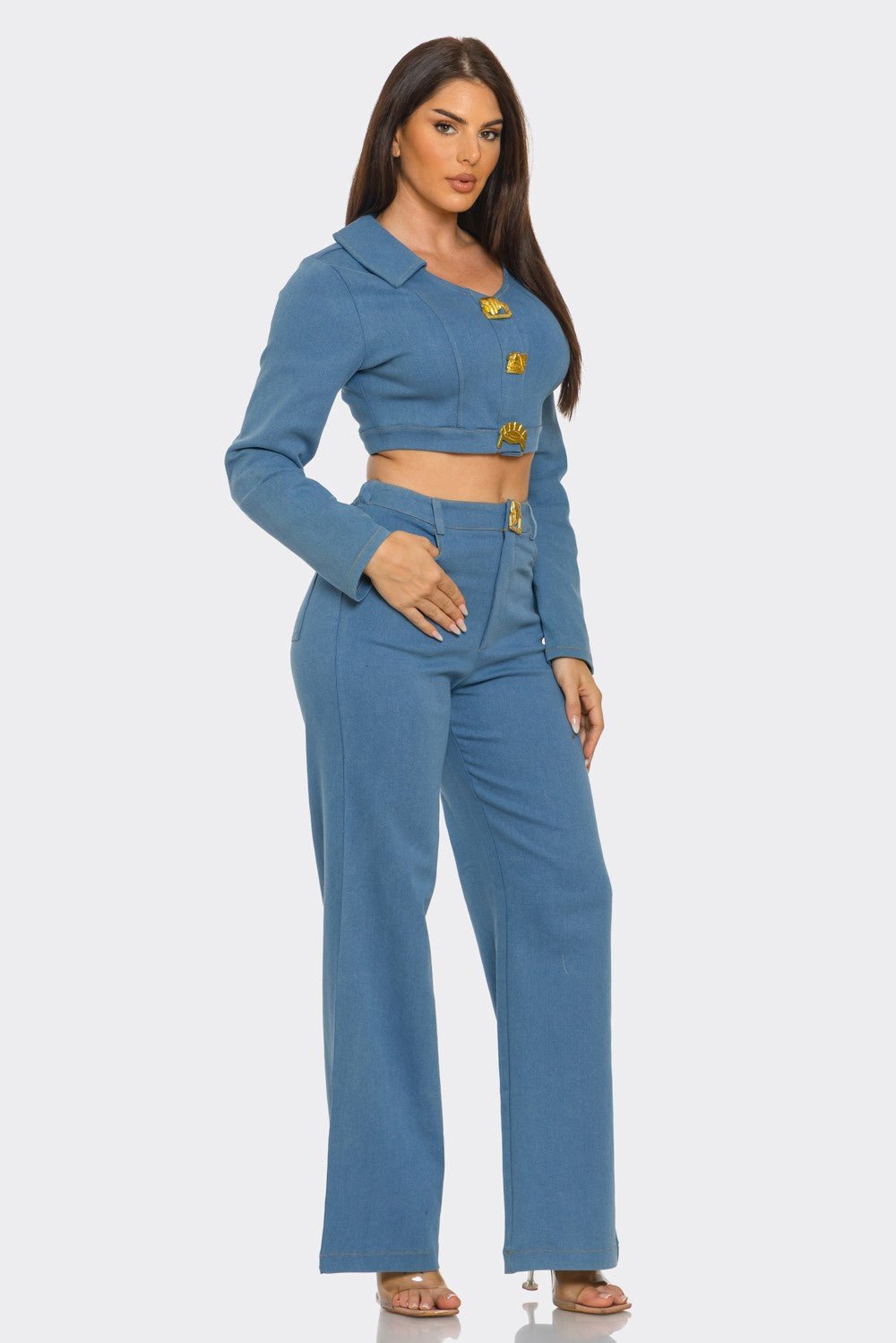 Luciana Gold Jewel-Clasp Cropped Denim Jacket & Pant Set