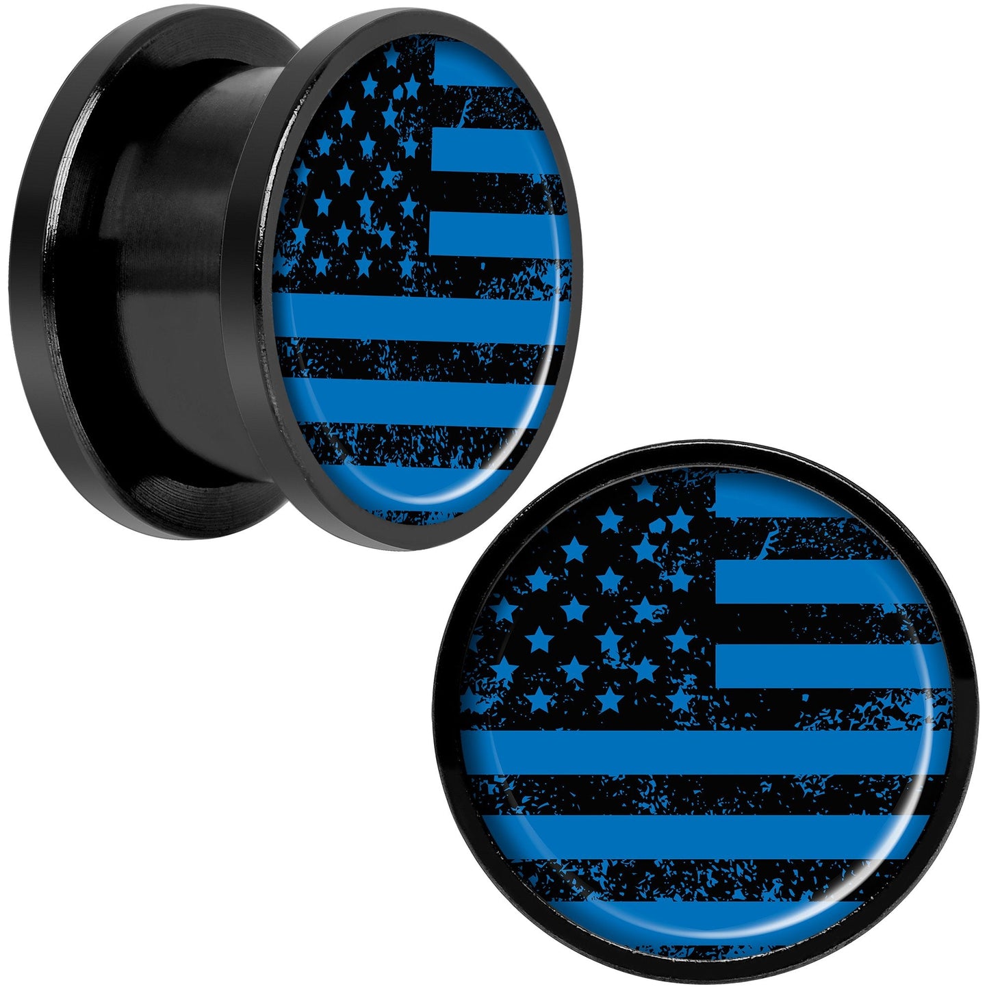 Blue American Flag Black Anodized Screw Fit Plug Set 9/16