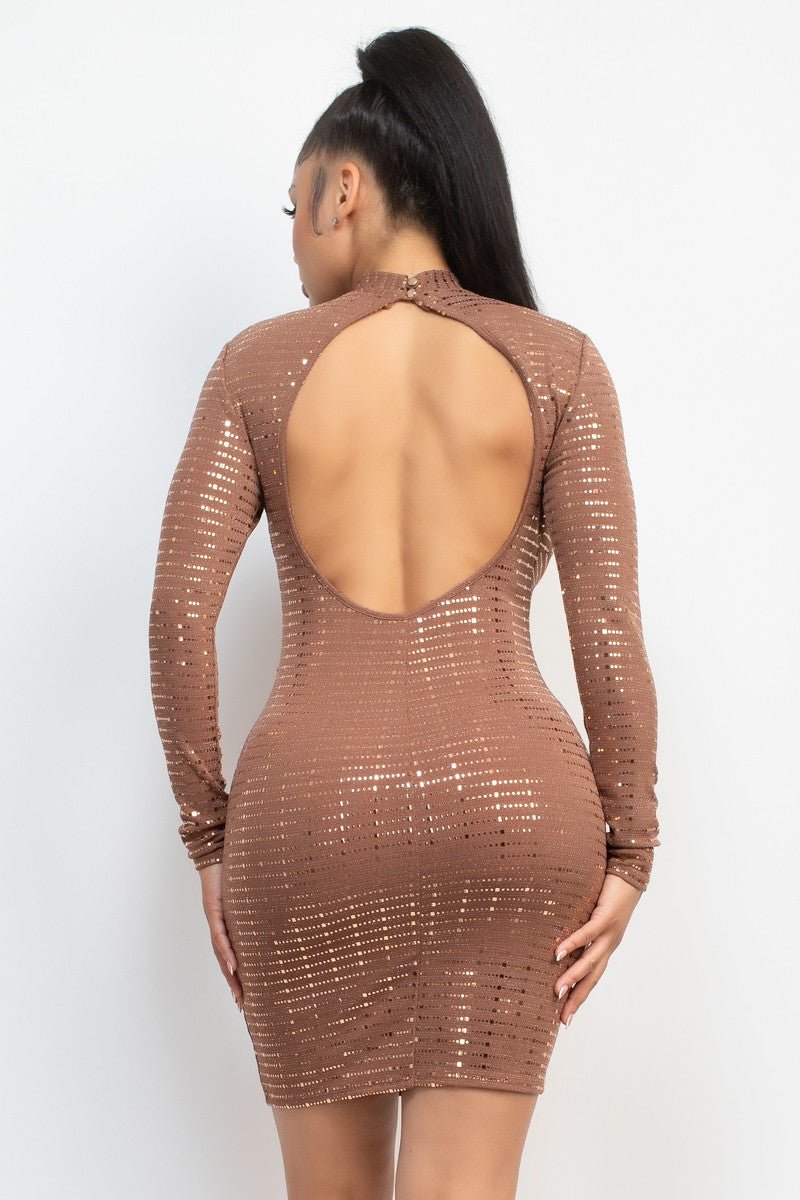 Mocha Sequin Bodycon Dress – Open Back | Sexy Night Out Style