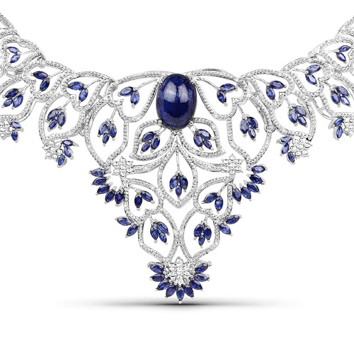 40.93 Carat Genuine Glass Filled Sapphire and White Diamond .925 Sterling Silver Necklace