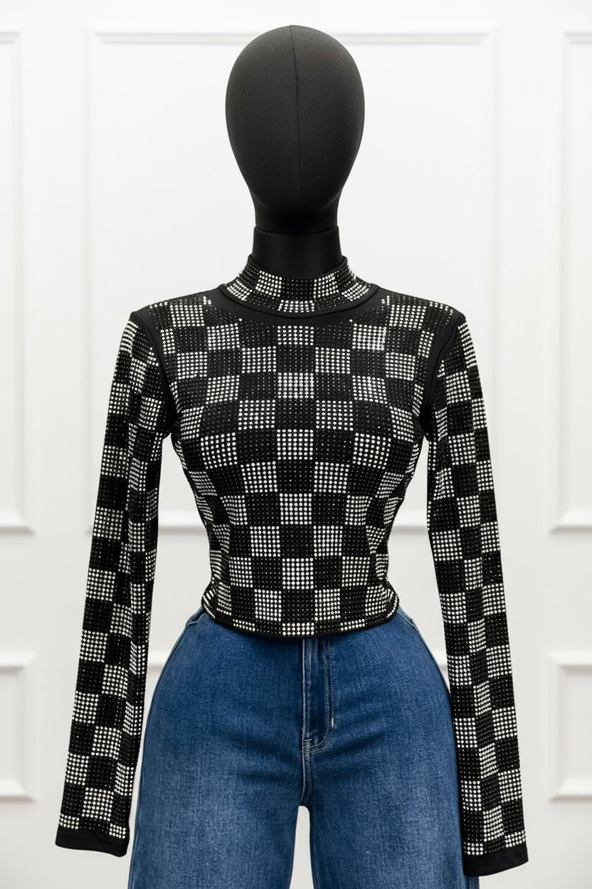Nightfall Checker Rhinestone Mock-Neck Long Sleeve Top