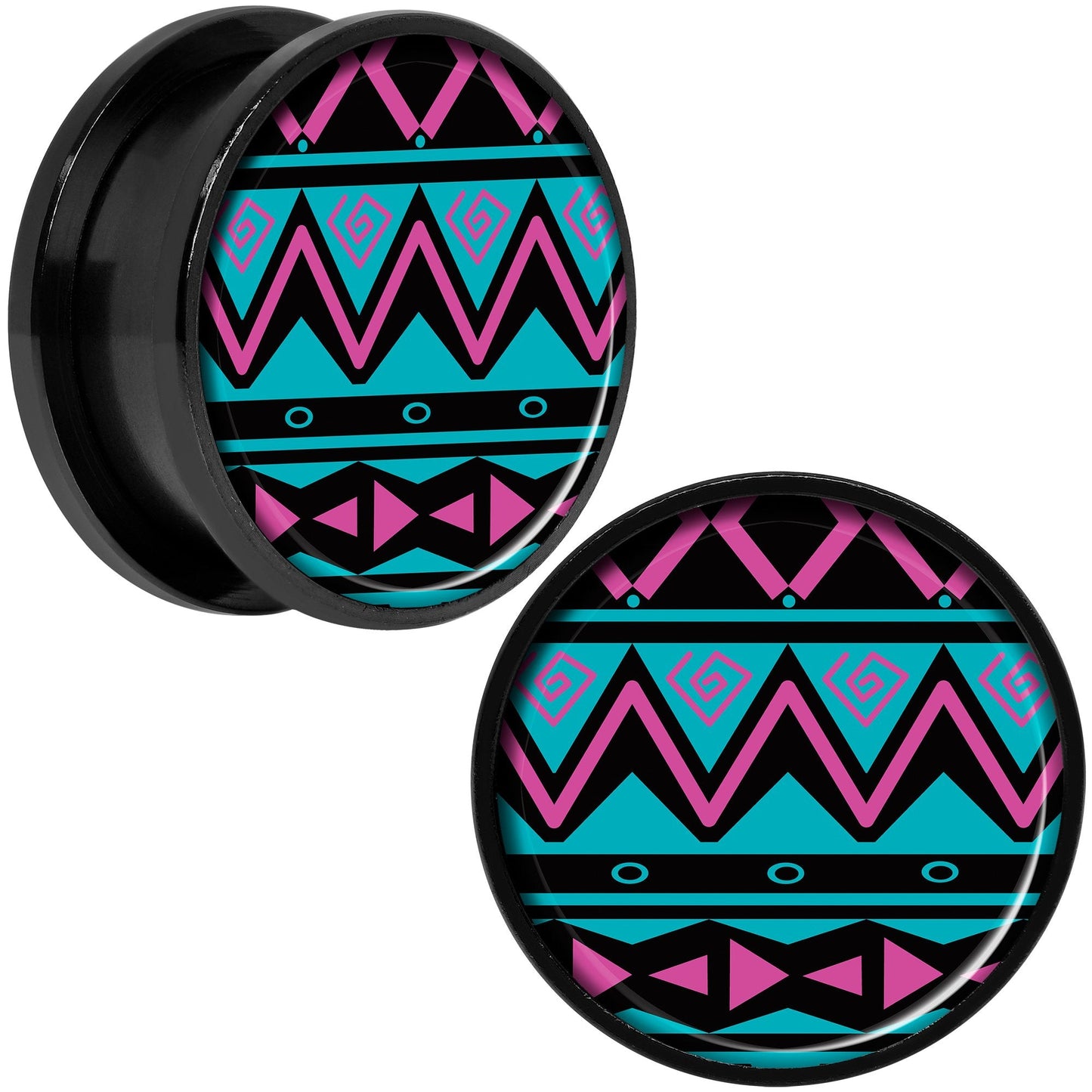 Pink Teal Tribal Print Black Anodized Screw Fit Plug Set 20mm
