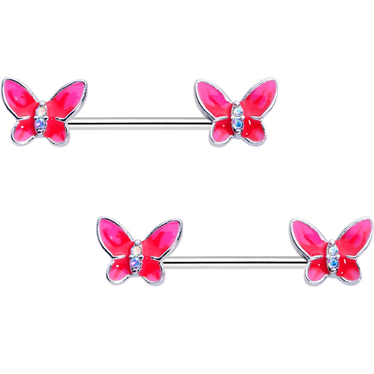 Aurora Gem Pink Butterfly Beauty Barbell Nipple Ring Set