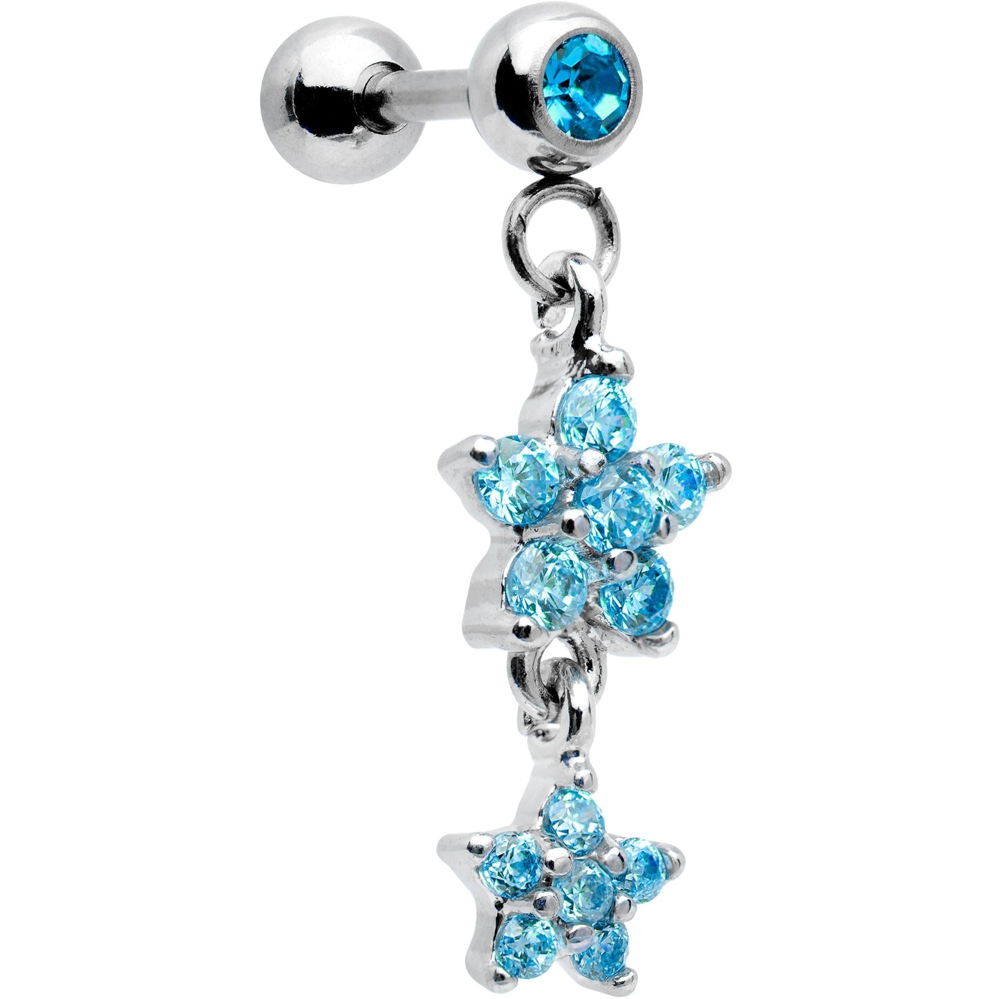 16G 1/4 Aqua Gem Double Star Dangle Cartilage Tragus Earring