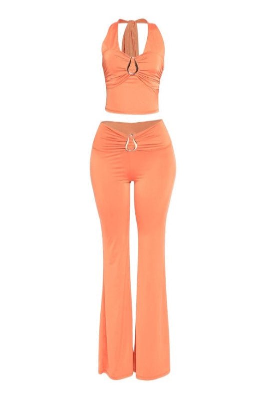 Peachy Geometric Gold Trimmed Halter Top Flare Pant Set