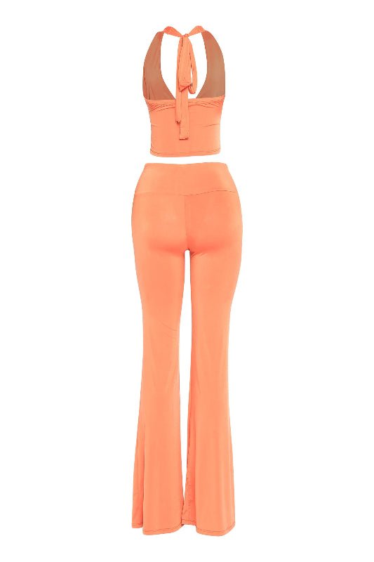 Peachy Geometric Gold Trimmed Halter Top Flare Pant Set