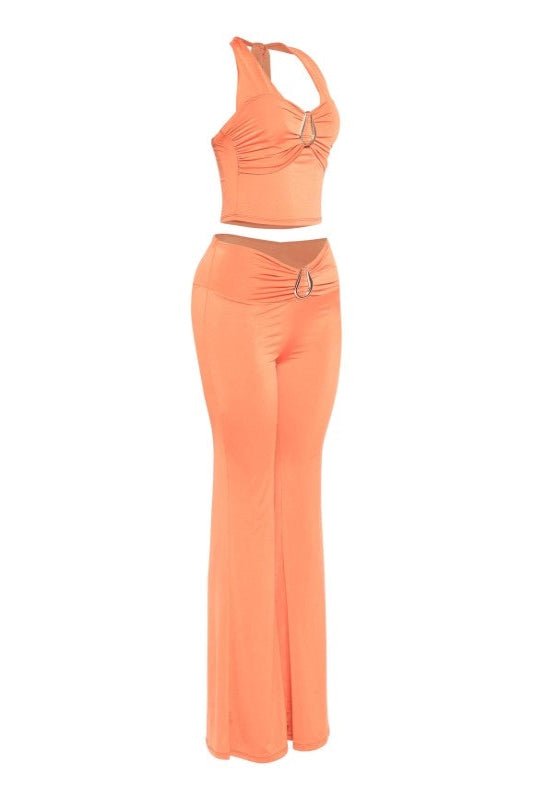 Peachy Geometric Gold Trimmed Halter Top Flare Pant Set