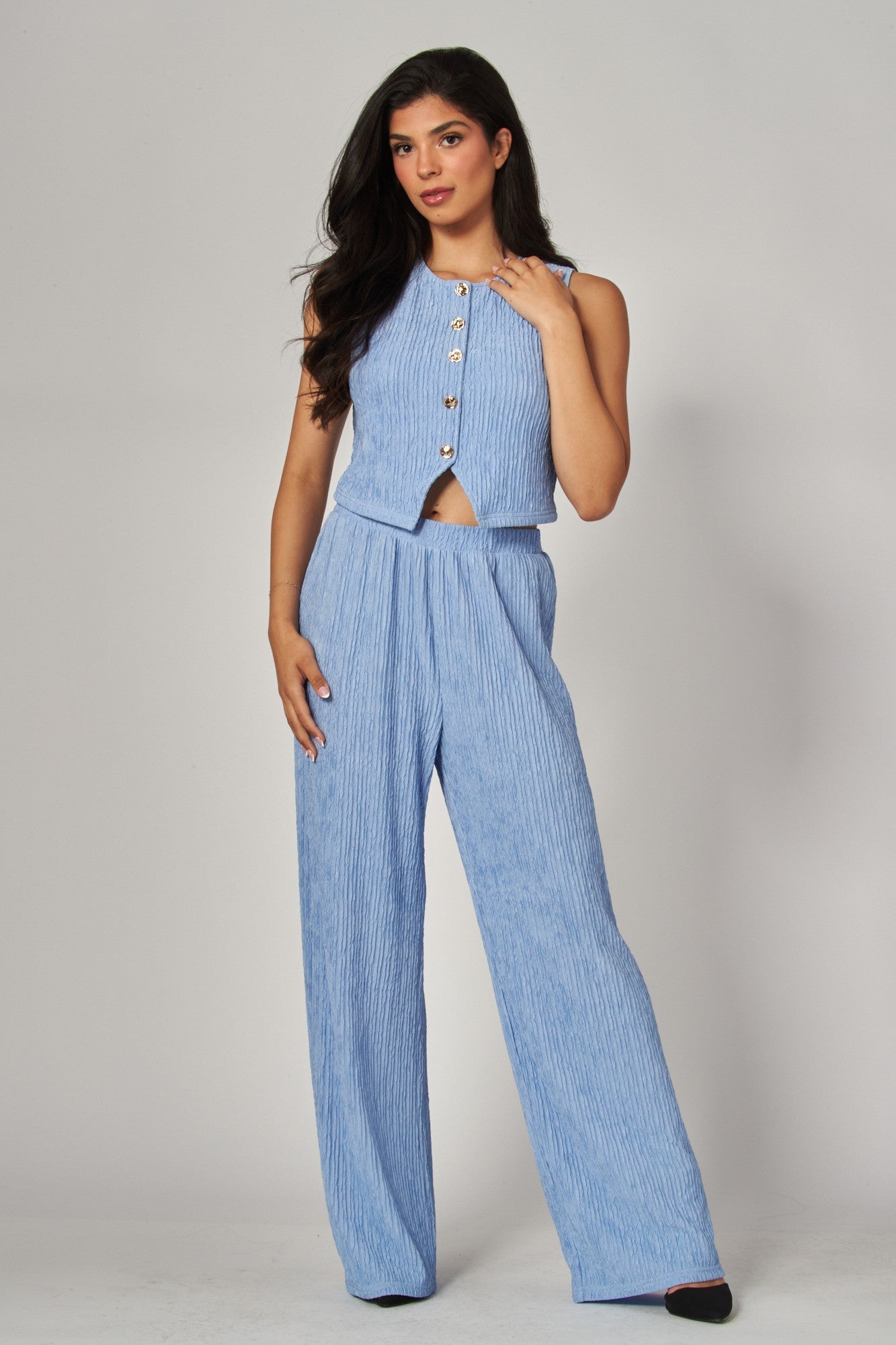 Plissé Waistcoat Top & Wide-Leg Pant Set – Chic Brunch, Work & Travel Outfit for Women