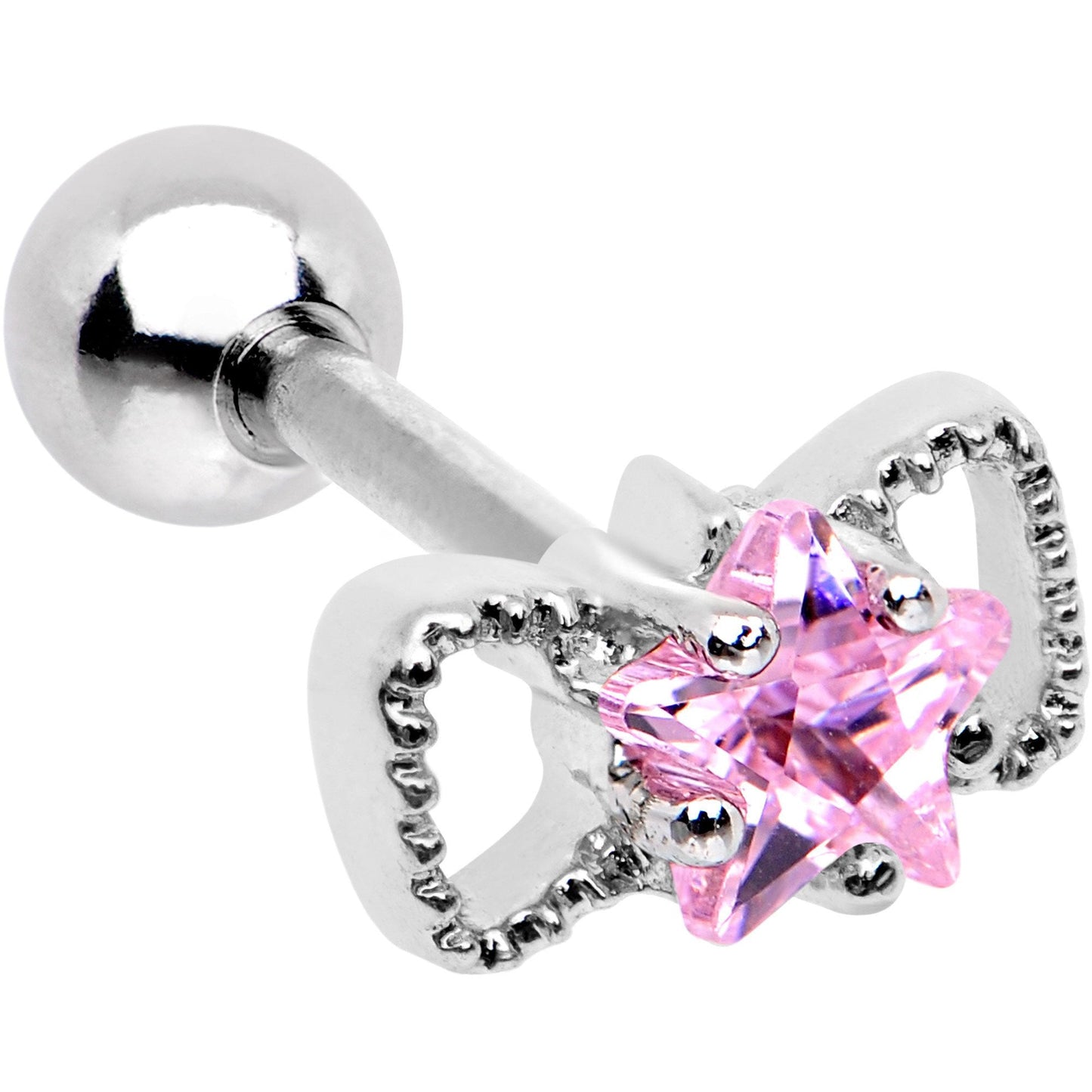 16G 1/4 Pink Star CZ Gem Bow Tie Cartilage Tragus Earring