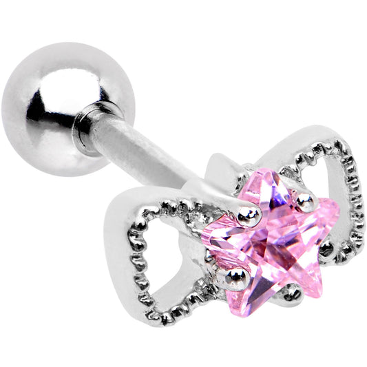 16G 1/4 Pink Star CZ Gem Bow Tie Cartilage Tragus Earring