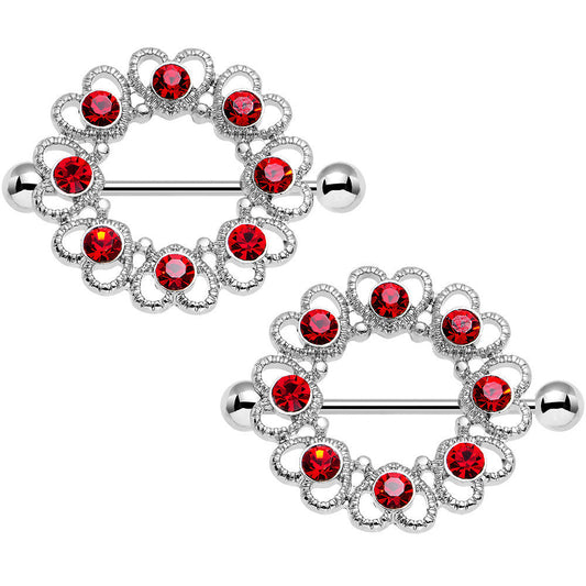 14G 1 inch Red Gem Always Angelic Halo Heart Nipple Shield Set