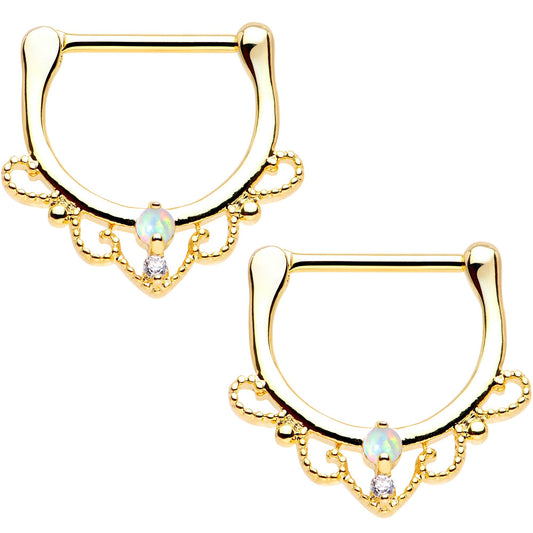 9/16 White Synthetic Opal Gold Tone Anodized Duet Nipple Clicker Set