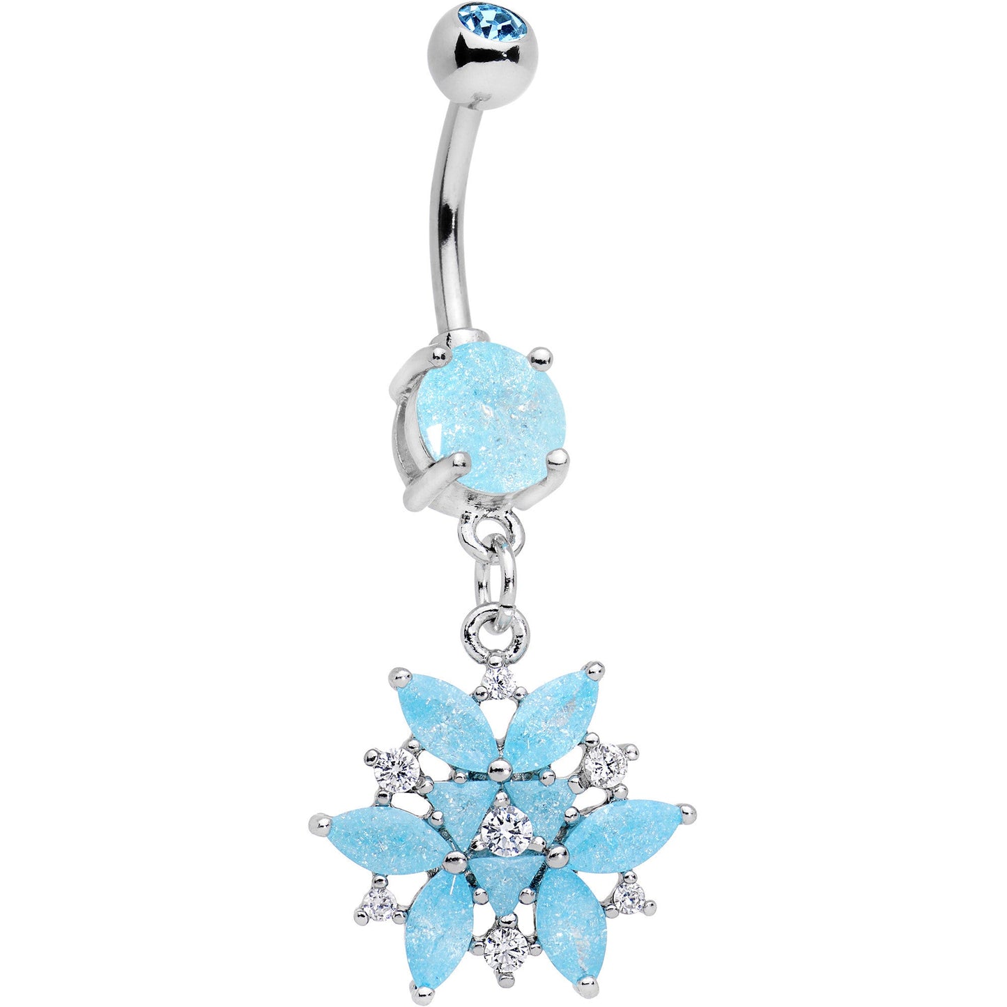 Aqua Blue CZ Gem Epic Ice Flower Dangle Belly Ring