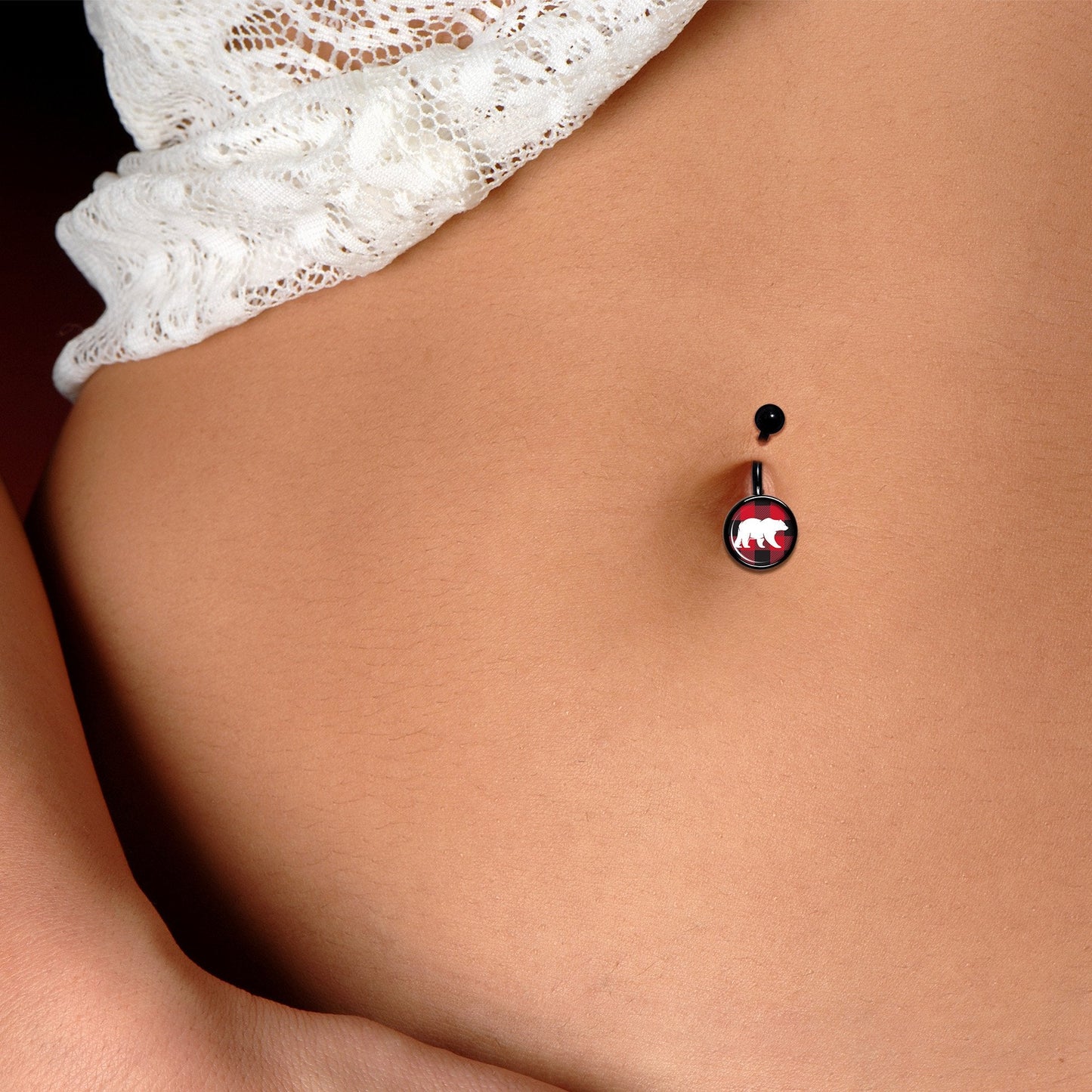 Red Black Plaid Polar Bear Black Belly Ring