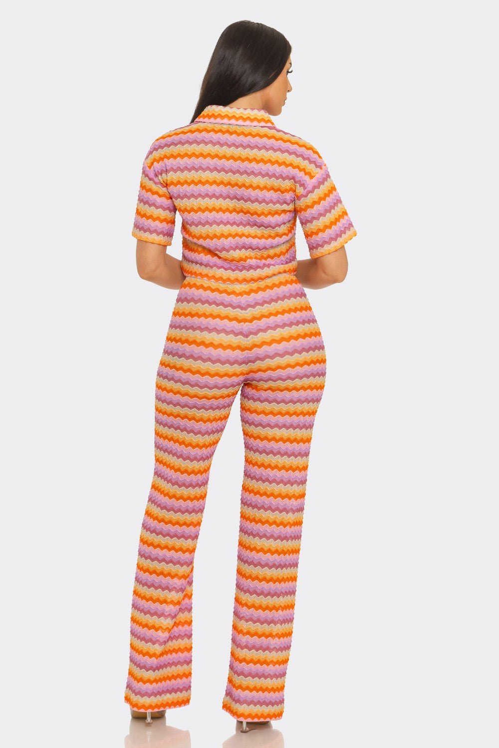 Riviera Crochet Stripe Button-Down Crop Shirt & Flare Pants Set
