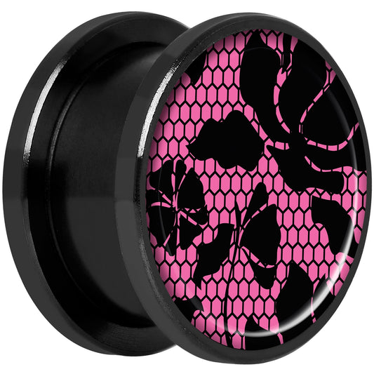 Pink Floral Lace Black Anodized Screw Fit Plug Set 5/8