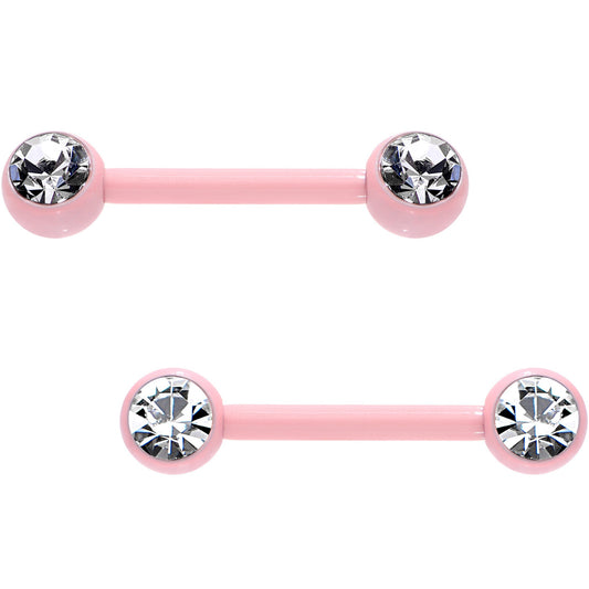 14G 1/2 Clear Gem Pink Ceramic Steel Barbell Nipple Ring Set