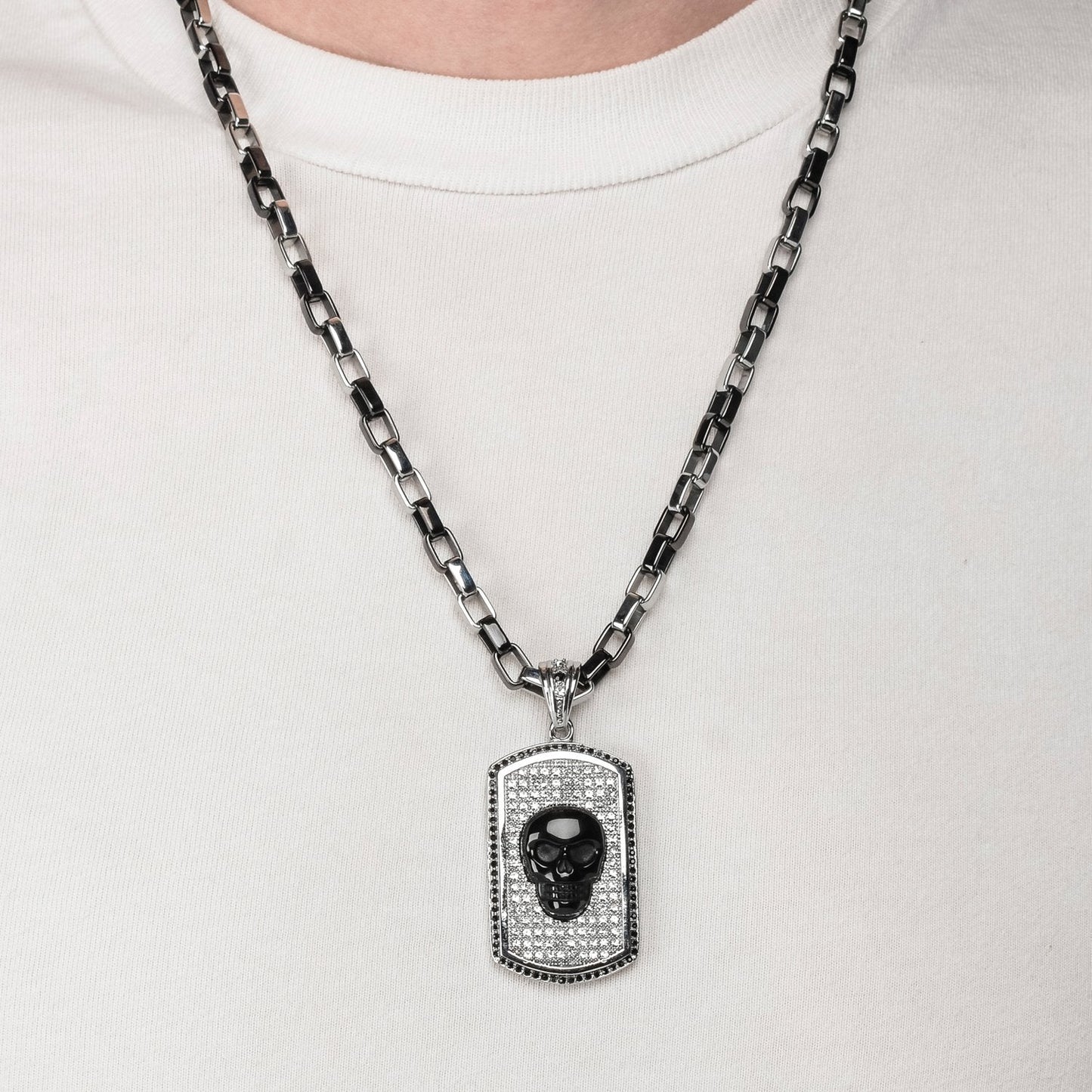 Mens Black Onyx Skull Crystal Dog Tag Pendant With Box Chain