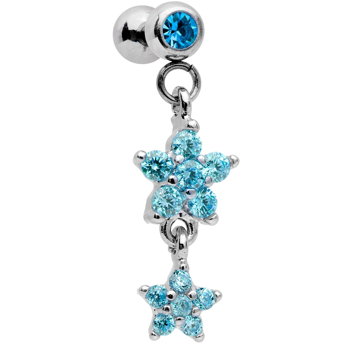 16G 1/4 Aqua Gem Double Star Dangle Cartilage Tragus Earring