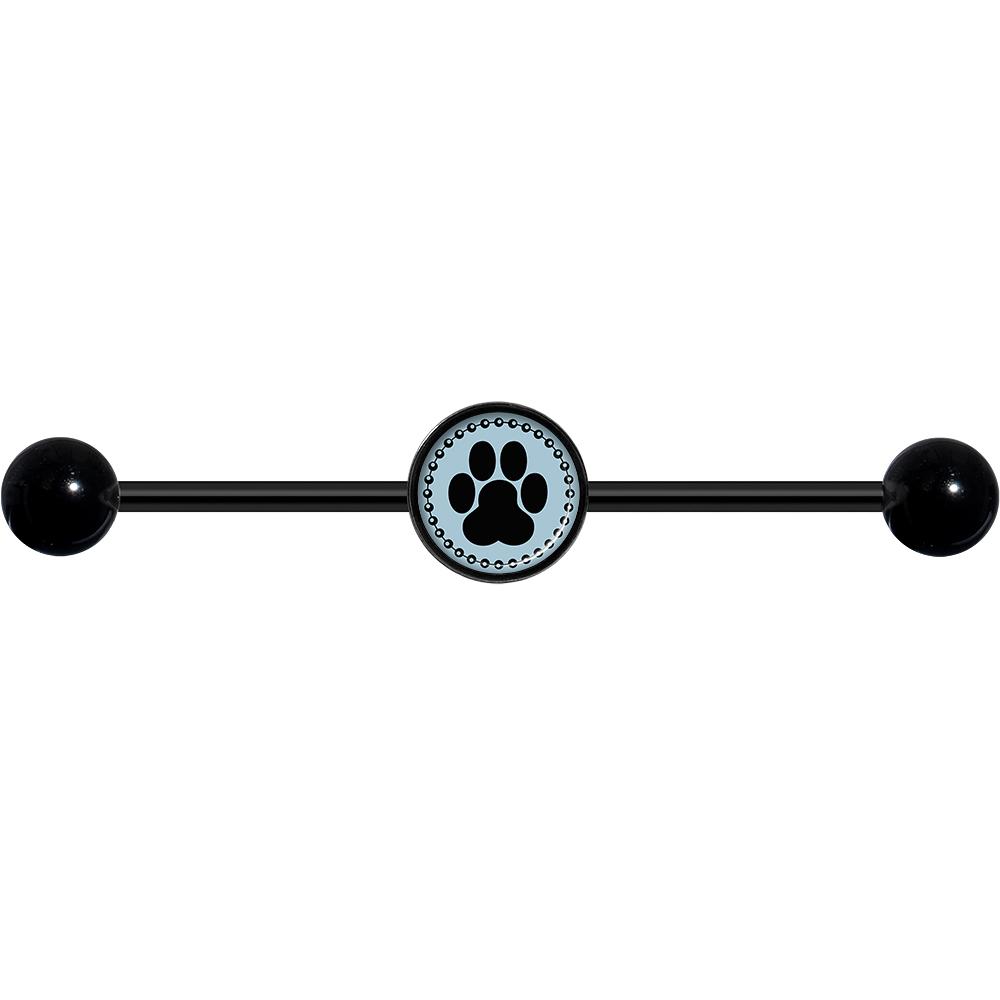 14G Black on Blue Paw Print Black Industrial Barbell 37mm