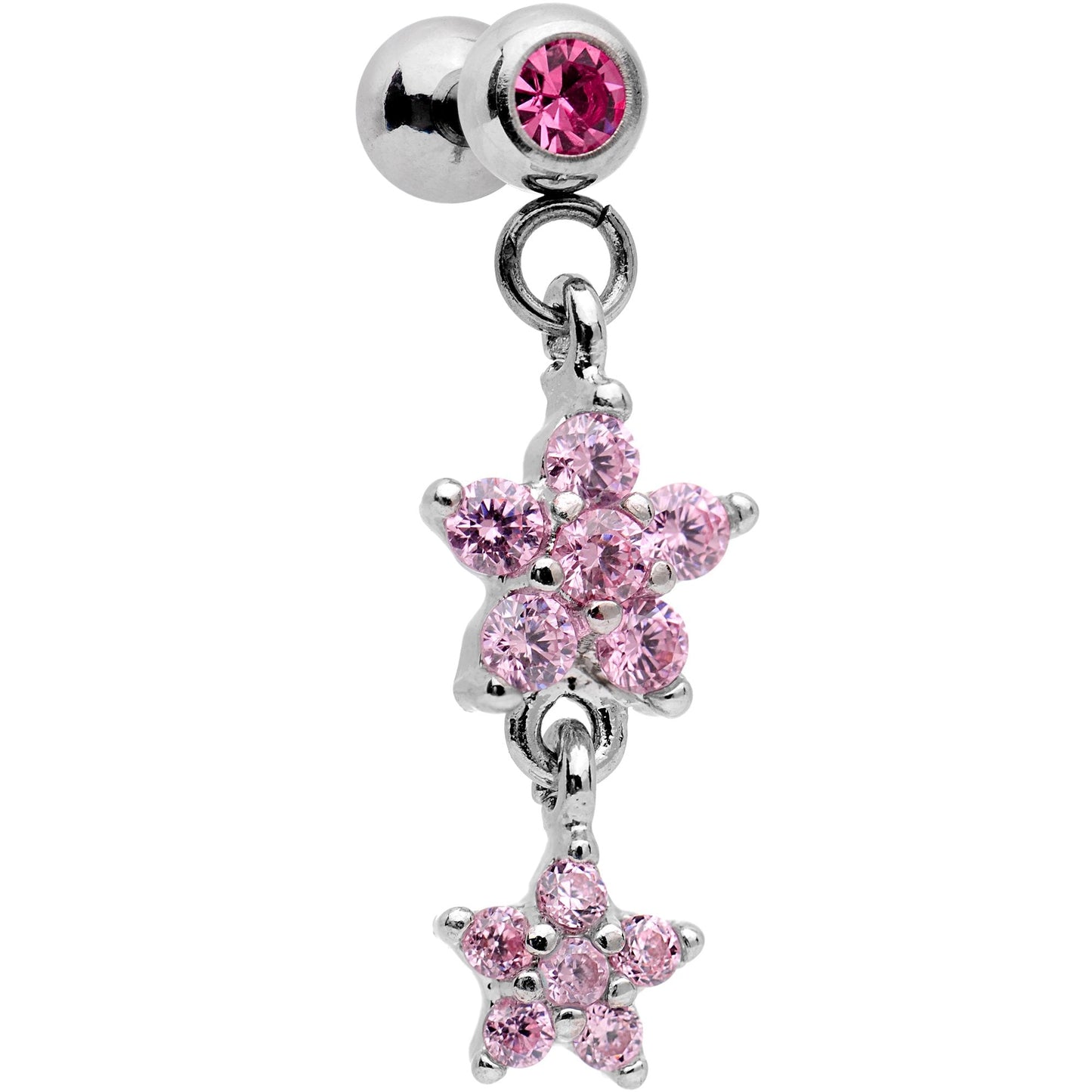 16G 1/4 Pink Gem Double Star Dangle Cartilage Tragus Earring