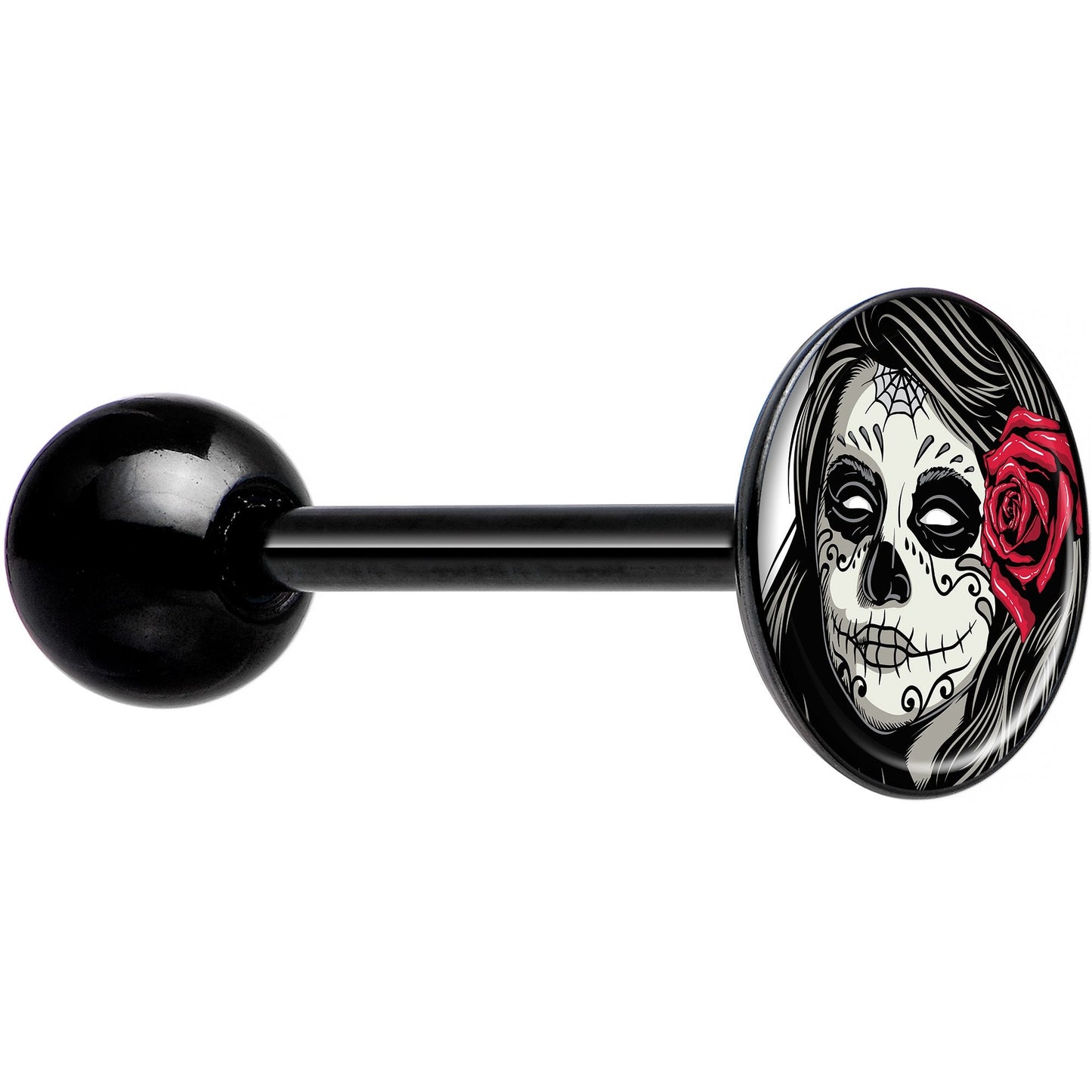 Katrina Sugar Skull with Rose Flower Black Barbell Tongue Ring